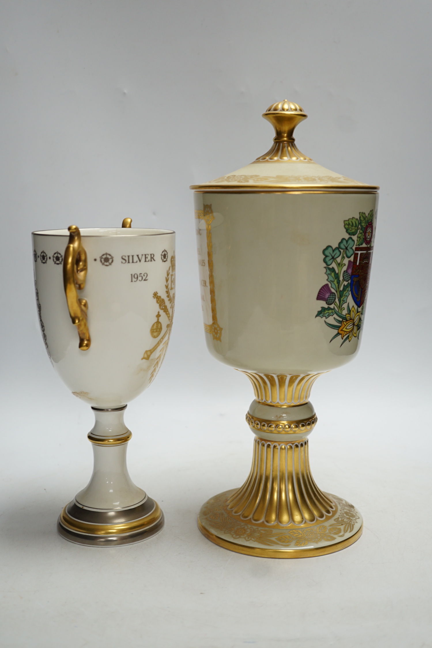 A boxed Spode Charles and Diana commemorative lidded chalice and a chalice for the 1977 Silver Jubilee, tallest 32cm